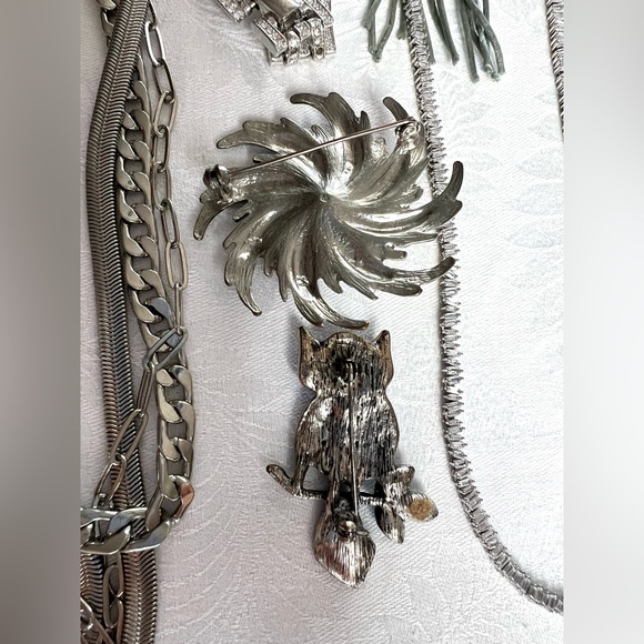 Silver Tone Jewelry Lot — Necklaces, Bracelets, Earrings, Brooches Set - Picture 6 of 16